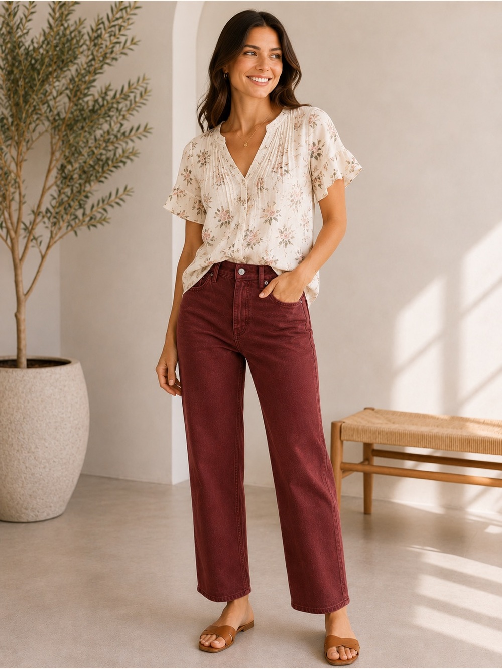 Topshop • NWT $99 USD  High-Rise Wide-Leg Jeans in Burgundy W15” I28”